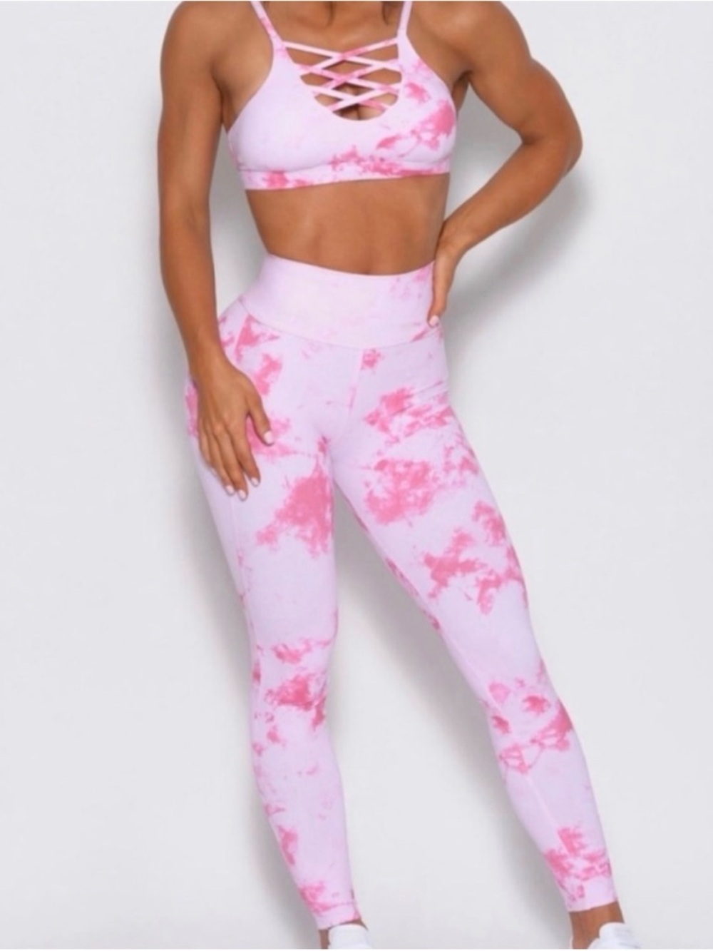 Bombshell Sportswear Pink Tie-Dye Crisscross Sports Bra & Legging Set, S/XS